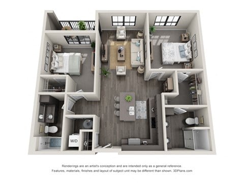 Floor plan for 2 beds, 2 baths, 1107 sqft
